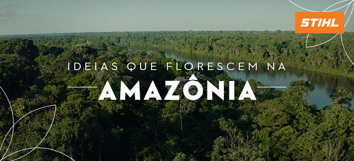 Imagem aérea da floresta com abertura da websérie Ideias que Florescem na Amazônia